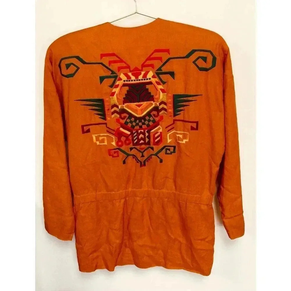 Ellen Tracy Women’s Size 6 Vintage Linen Oversized Jacket Orange Aztec Southwest